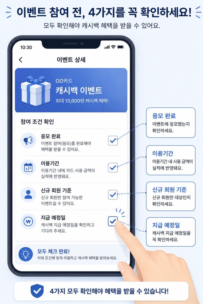 카드 캐시백 최대 받는 법, 전월실적부터 이벤트까지 놓치면 손해인 혜택 총정리 5 카드 캐시백 이벤트의 응모 여부와 이용기간 및 대상 조건을 확인하는 화면