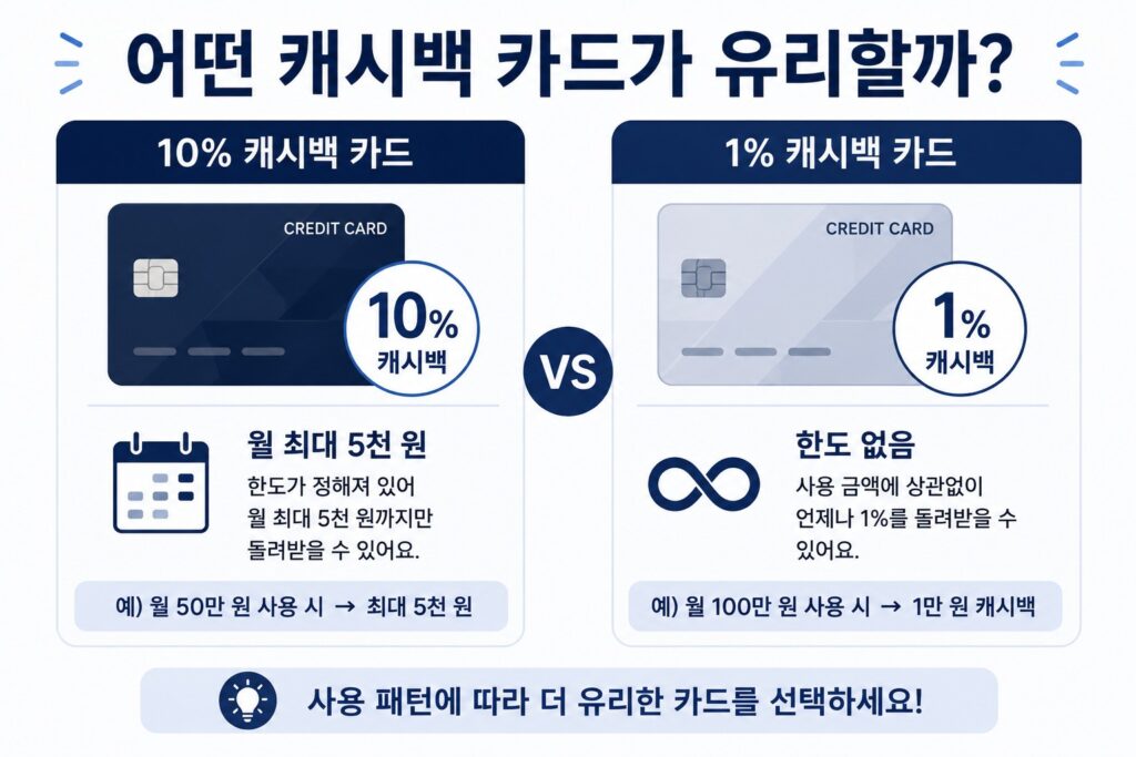 카드 캐시백 최대 받는 법, 전월실적부터 이벤트까지 놓치면 손해인 혜택 총정리 2 10% 월 한도형 캐시백과 1% 무제한 캐시백 비교