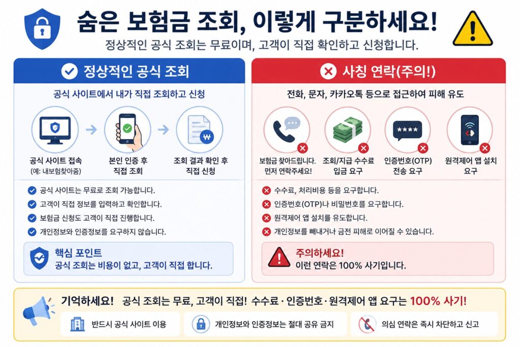 숨은 보험금 조회를 사칭한 문자와 전화 주의사항