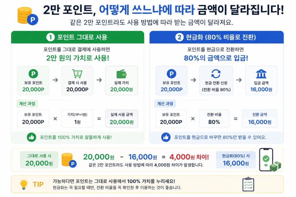 포인트 현금화 방법 총정리, 카드·멤버십 숨은 포인트까지 모으기 5 2만 포인트를 80퍼센트 비율로 전환할 때 4천 포인트가 줄어드는 계산