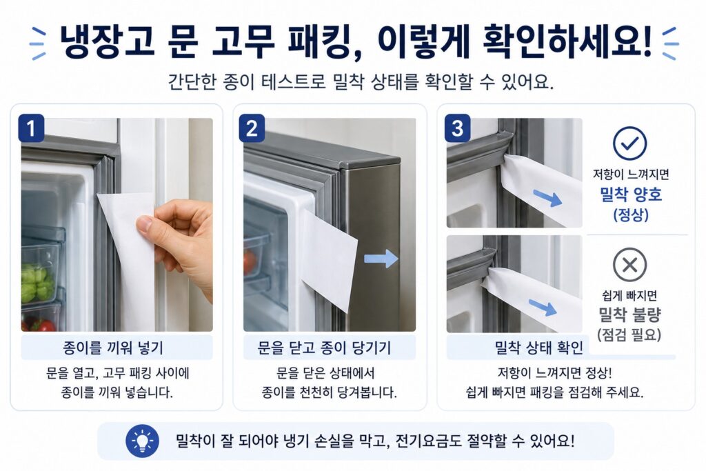 종이를 이용해 냉장고 문 패킹 밀착 상태를 확인하는 방법