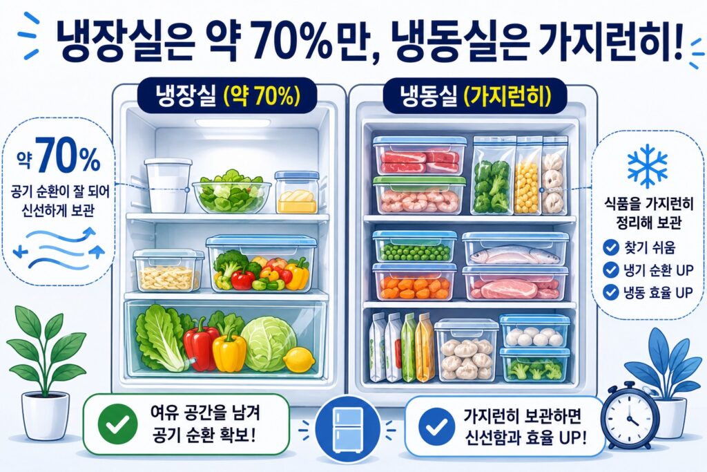 냉장실과 냉동실의 적절한 식품 보관량 비교