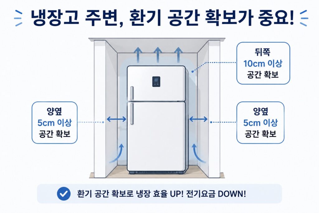 냉장고 벽면과 환기 공간을 확보한 설치 모습