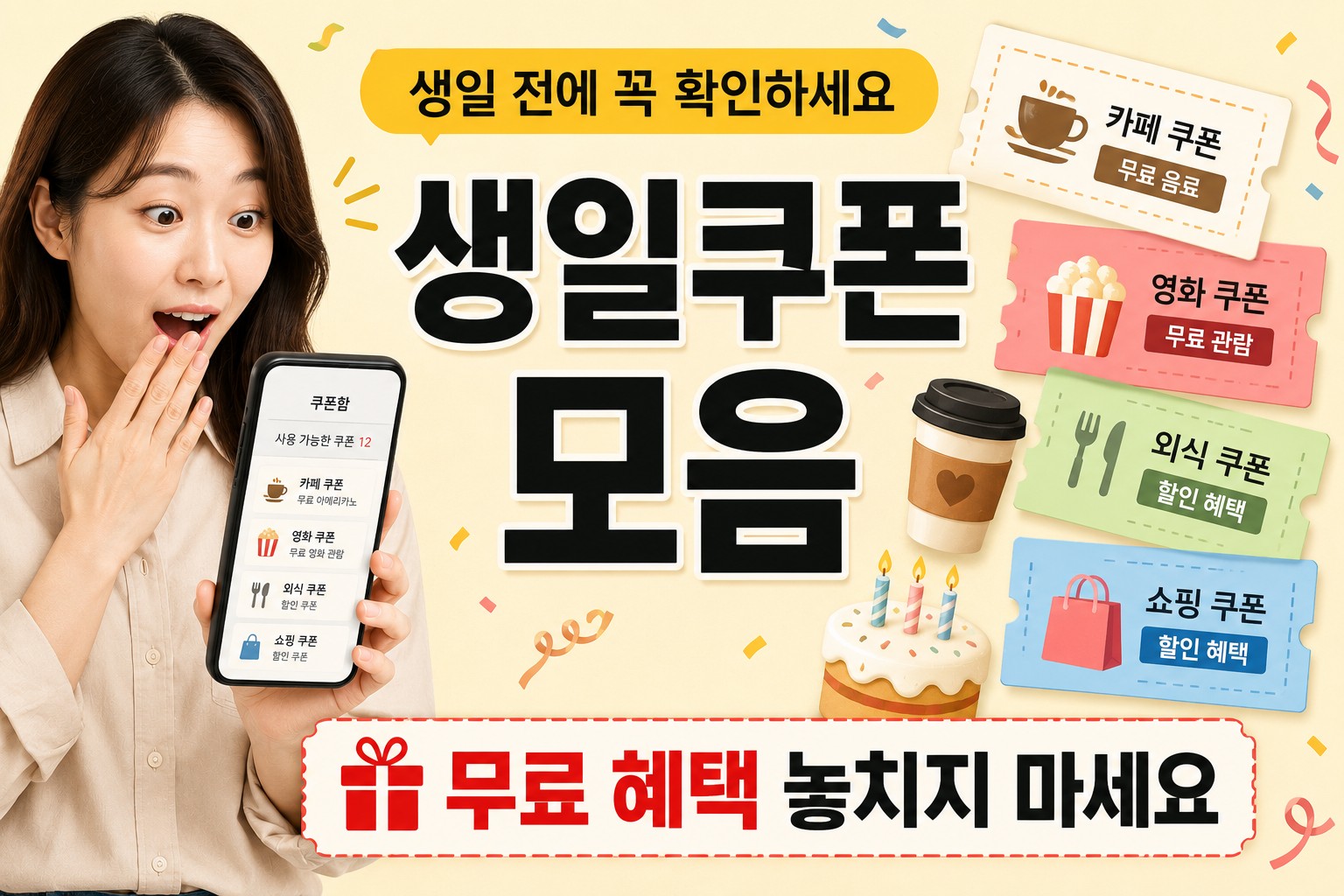 스마트폰으로 카페 영화 쇼핑 생일쿠폰을 확인하는 여성