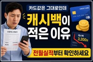 카드 명세서에서 전월실적과 캐시백 금액을 확인하는 직장인