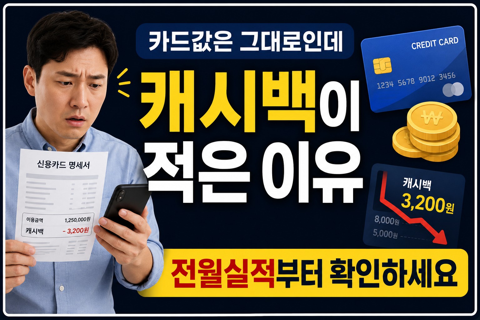 카드 명세서에서 전월실적과 캐시백 금액을 확인하는 직장인